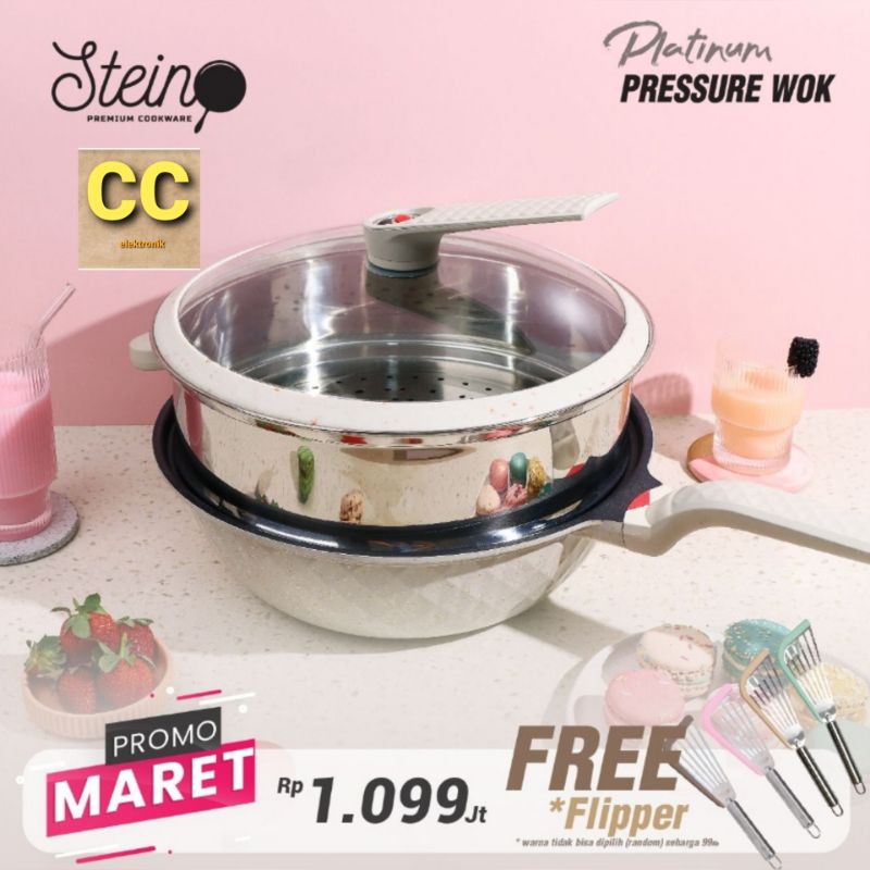 Stein Steincookware ANTI BARET Wok Platinum 32cm Pressure Cooker Greblon German + Steamer FREE 1PC pico