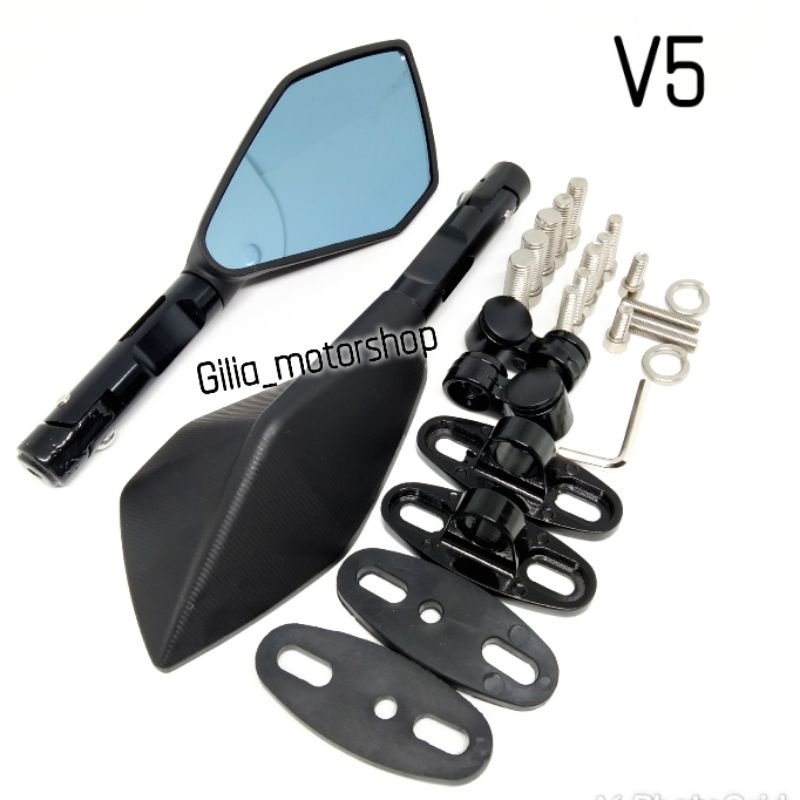 Spion Tomok V5 Kaca besar CNC Mirror Biru Universal Motor