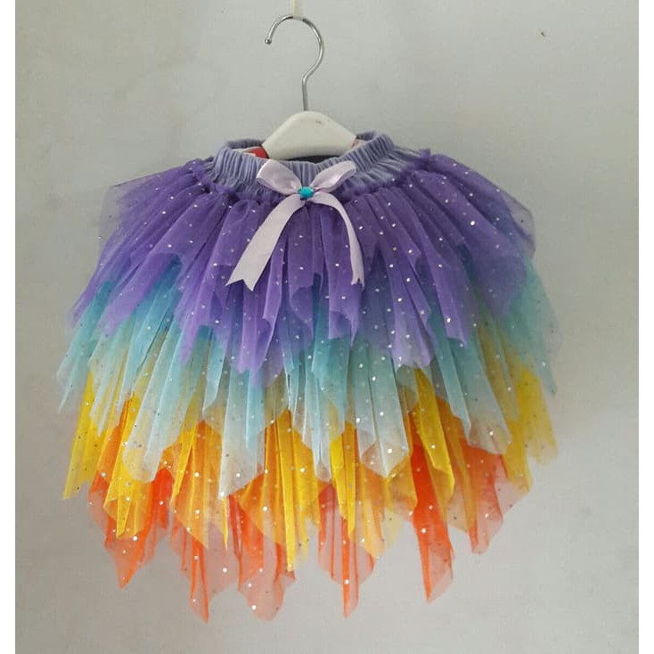 Rok Celana Anak - Basic Skirt Rok Tutu - Rok Anak Perempuan Rok Tutu Susun Rainbow Ungu-Biru-Kuning-