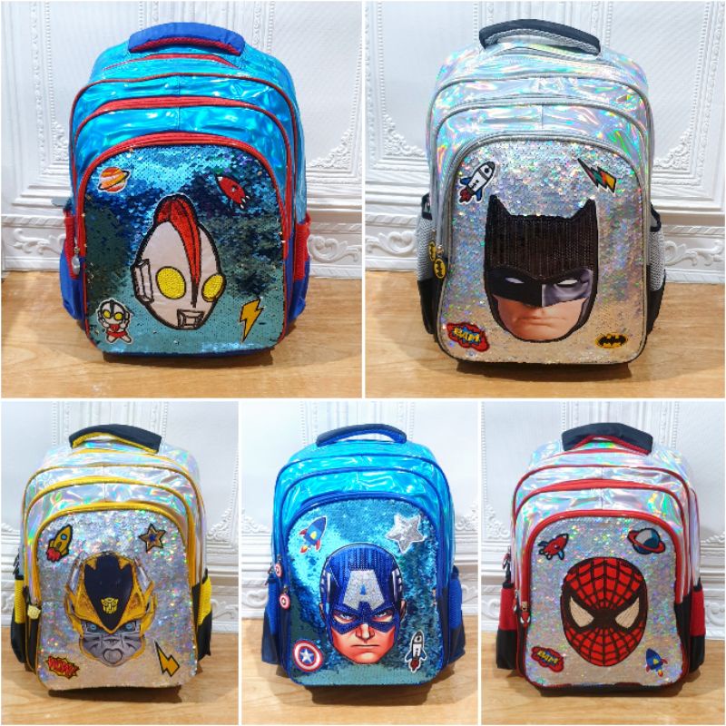 Tas Sekolah Anak Ransel Import Sequin Superhero / Tas Sekolah Backpack Anak SD dan TK dan Playgroup Anak Laki - Laki