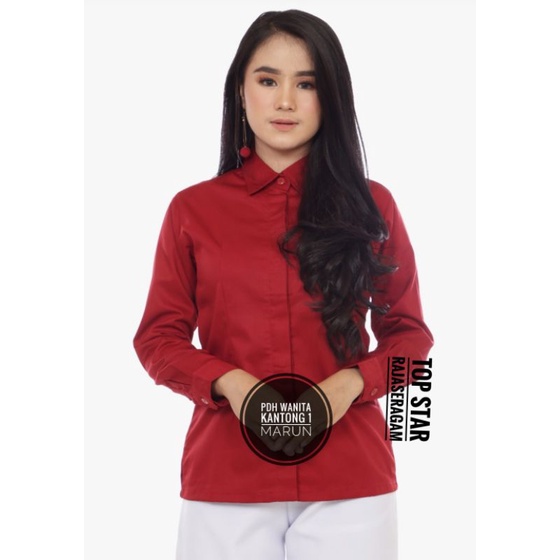 Baju Seragam Kemeja PDH Wanita Saku 1 Drill Panjang Net Tv Blus Dinas Slimfit Hem Kerja Kantor