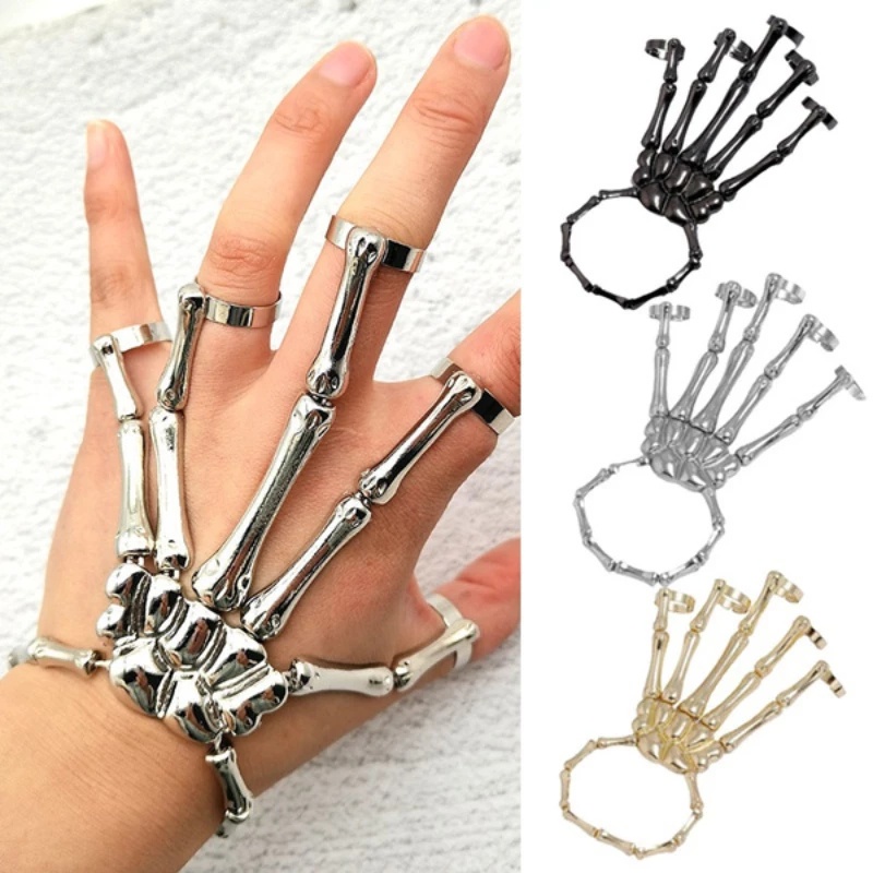 Gelang Tangan Elastis Adjustable Motif Tangan Tengkorak Gaya Punk Gothic Untuk Pria / Wanita