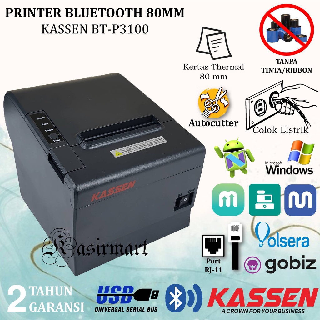 KASSEN BTP 3100 Printer Bluetooh Printer Thermal Usb Serial Ethernet Printer Kasir Thermal Struk 80mm Auto Cutter BTP3100 Support RJ11 RPP02N Kassen BT-P3100