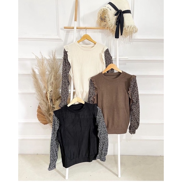 Blouse rajut ruffle bunga bunga premium import bangkok bkk