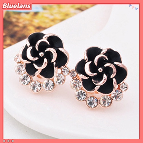 Bluelans Women Peony Camellia Flower Rhinestones Alloy Ear Stud Earrings Party Jewelry