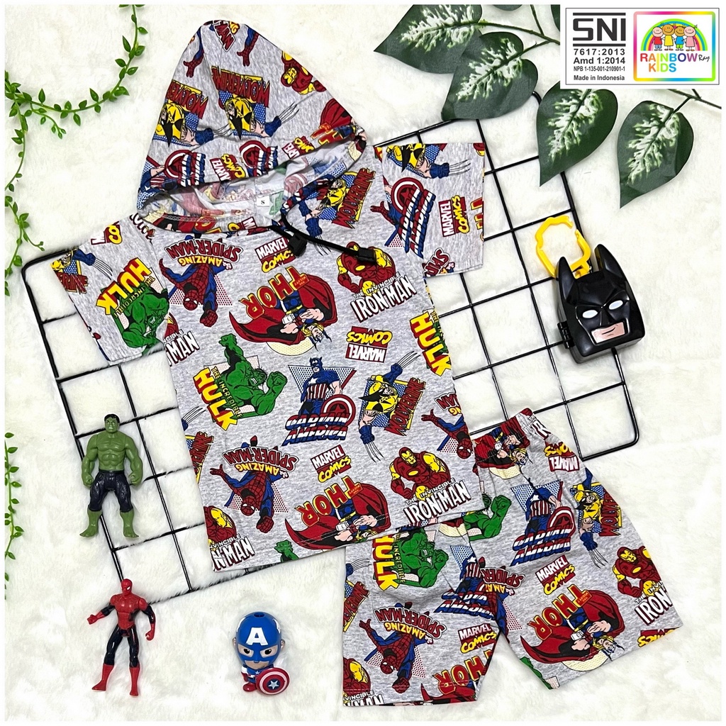 SETELAN / SET BAJU ANAK COWOK HOODIE TOPI 1-9 TAHUN PRINTING SUPERHERO