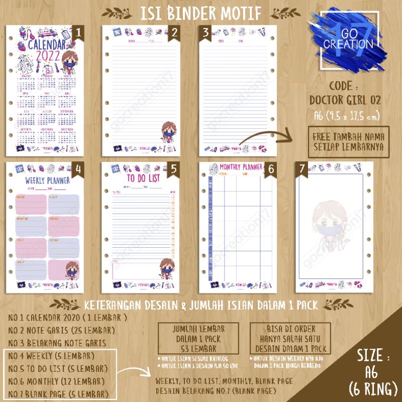 

Buku Planner isi Kertas Binder Motif Doctor Girl 02 Premium A6 ring 6
