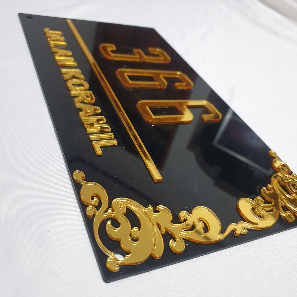 Nomor Rumah Vintage | Papan Nomor Rumah | No Rumah Akrilik Acrylic Motif Modern 3 Layer Gold Miror