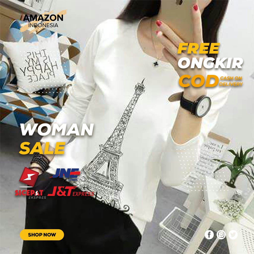 TOP KAOS ATASAN EIFFEL LONGSLEEVE WARNA WHITE BAHAN BABYTERRY BAHAN DINGIN BANYAK DICARI MURAH