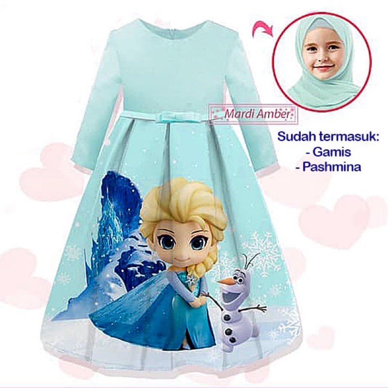Busana Muslim Gamis Anak Frozen Elsa Gamis Snowman Pasmina Long Dress