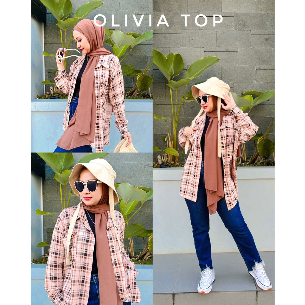 Kemeja Wanita Olivia Top Motif Kotak-Kotak Full Kancing