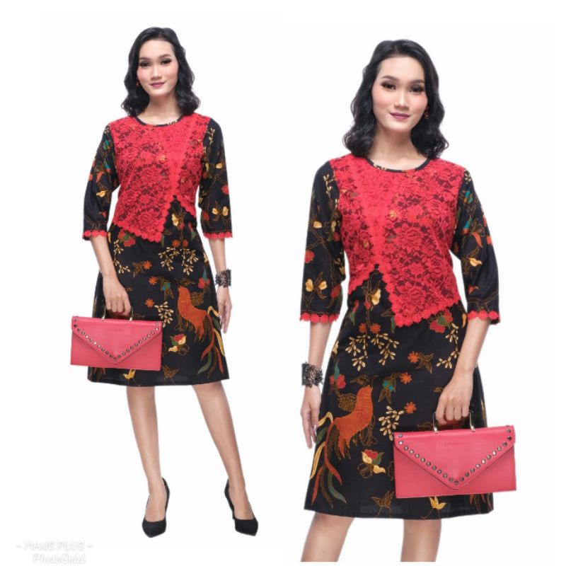 Dress Batik Modern Jumbo Kombinasi Brokat 4L-5L Tunik Big Size Atasan Baju Kerja Wanita JVT