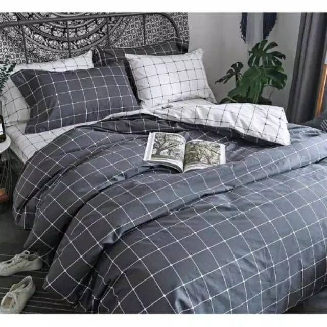 Set sprei bedcover katun bed single kotak grid hitam putih