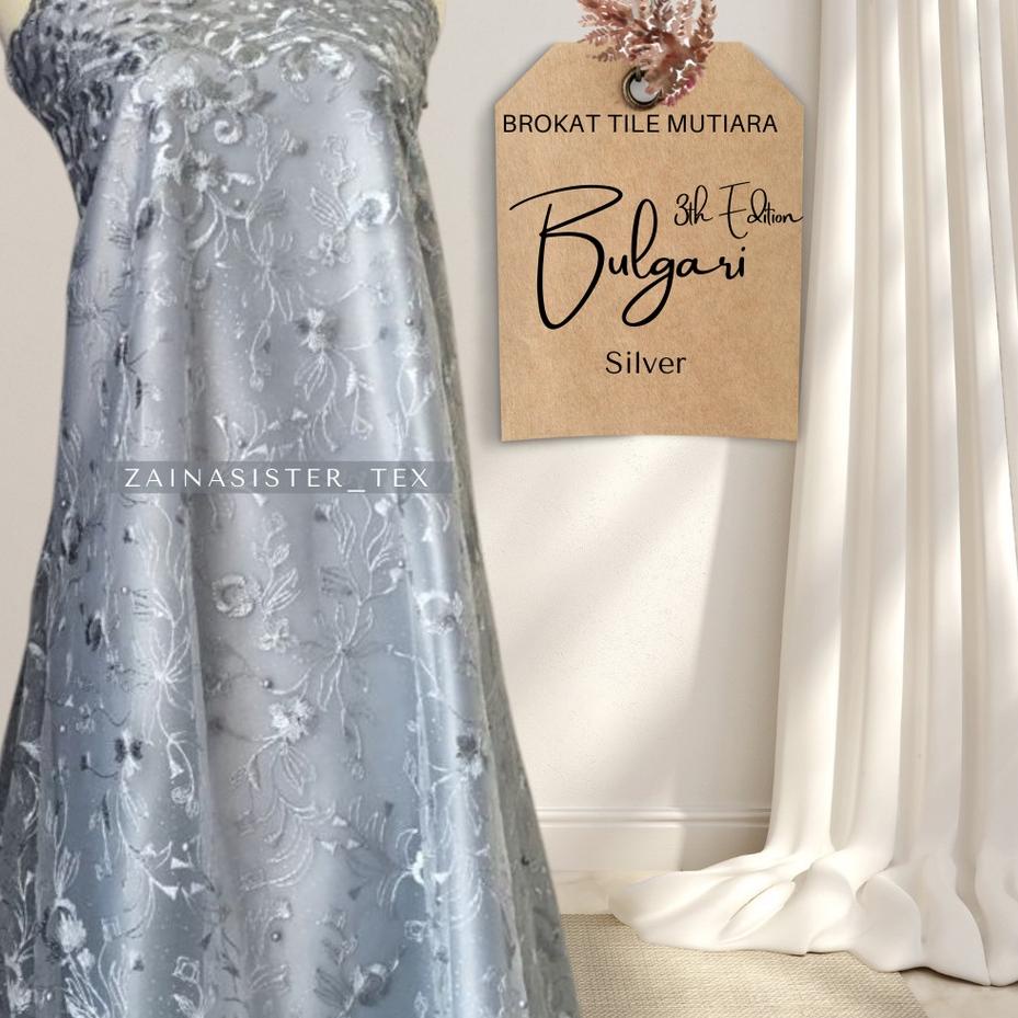 Bahan Kebaya Brokat Brukat Tile Mutiara Bordir Premium Mewah Meteran Bulgari Warna Silver Abu ..