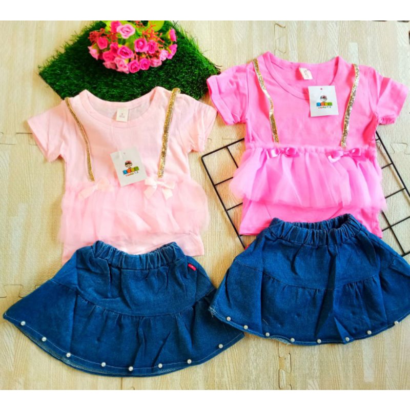 SETELAN ROK JEANS ANAK CEWEK IMPORT 1-5 TAHUN / SETELAN ROK JEANS PENDEK ANAK PEREMPUAN IMPORT PERGI JALAN LUCU