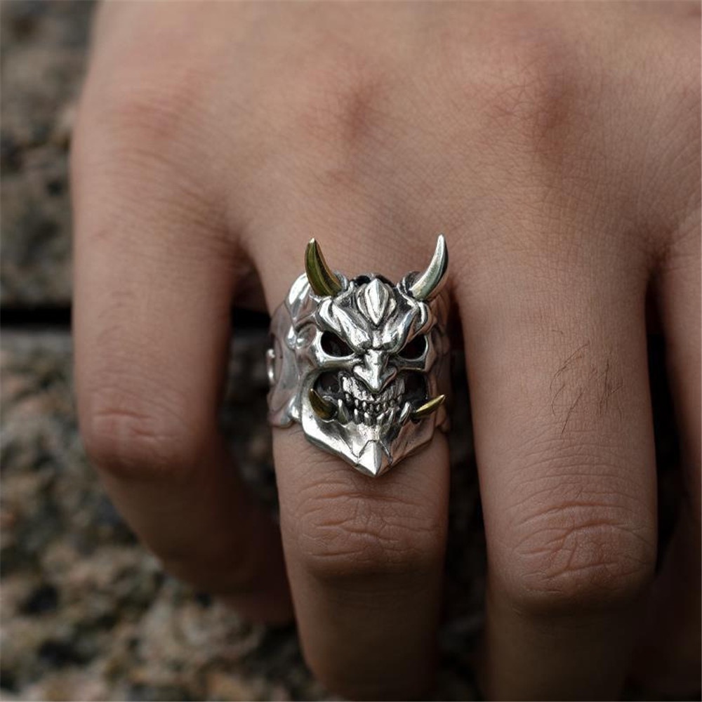 Cincin Model Terbuka Desain Kepala Tengkorak Iblis Gaya Keren Untuk Pria