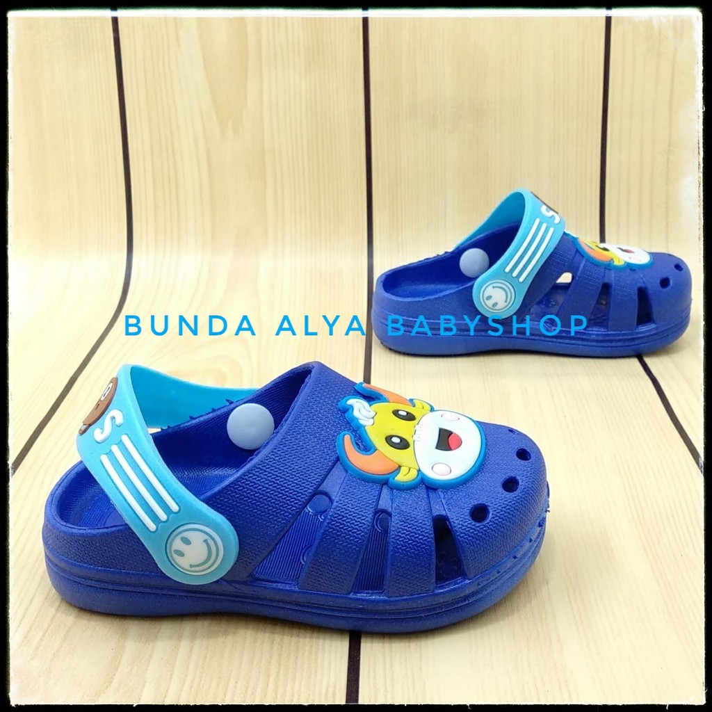 Sendal Bayi Import Umur 6 Bulanan Elastis BIRU TUA - Sandal Anak Cowok Motif COW Karet Anti Licin