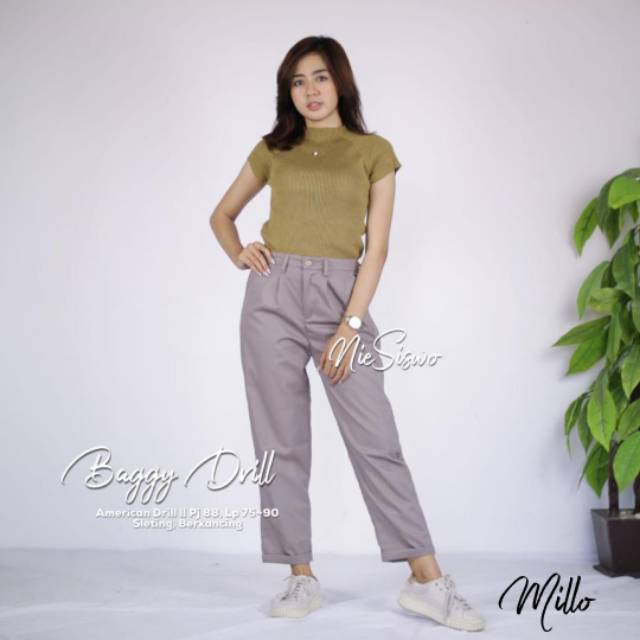 PROMO! Bisa COD READY BAGGY PANTS AMERICAN DRILL IMPOR MOSS LIGHT GREY