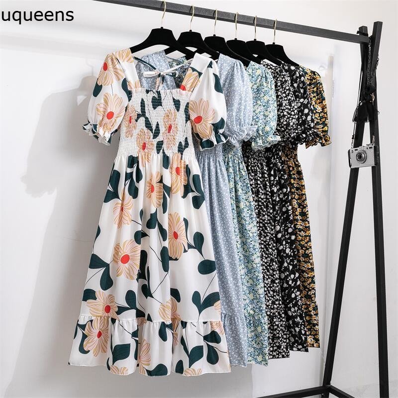 gaun kasual A-line gaun smocked berlipat bunga lengan pendek