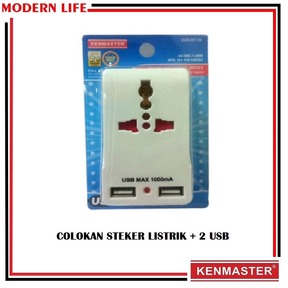 Kenmaster Steker Colokan Listrik 2 USB Plug Adaptor Stop Kontak S0203