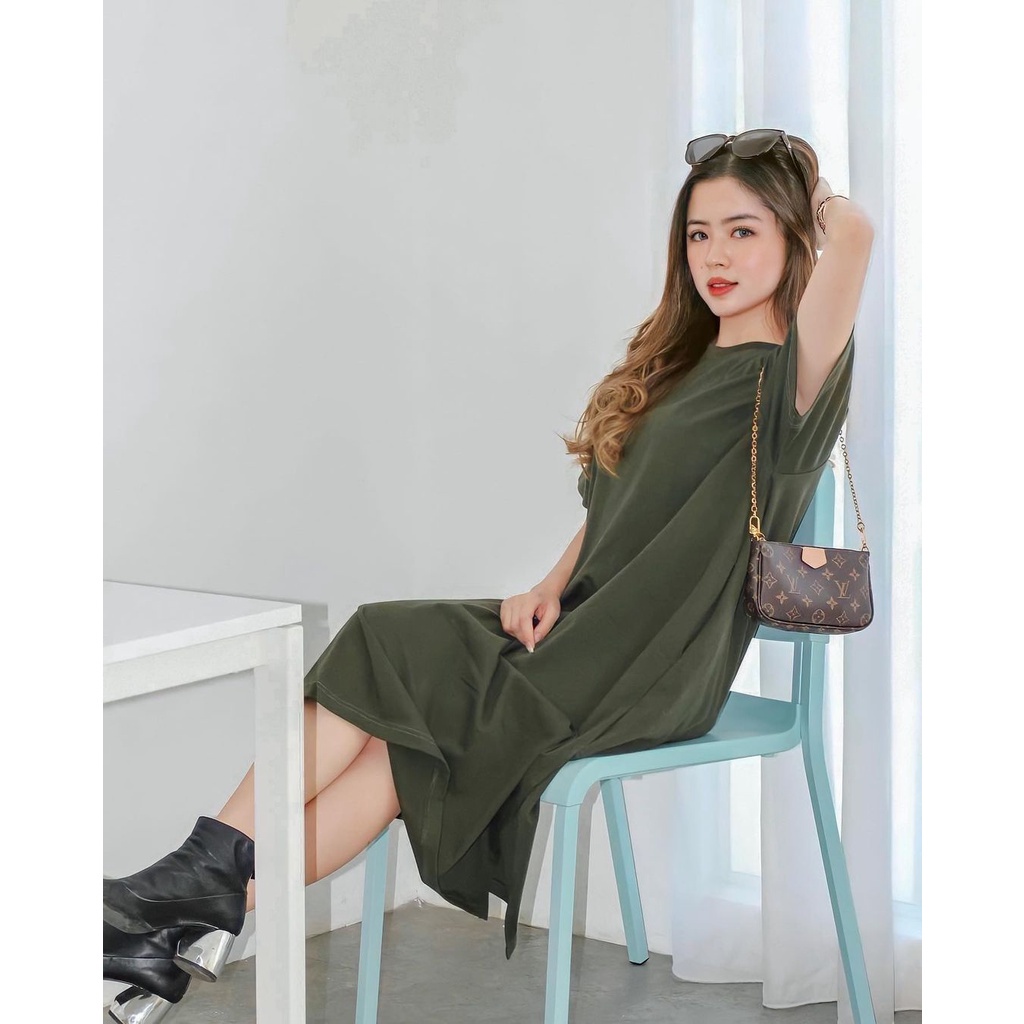 Dress Panjang Wanita Lengan Pendek Bahan Katun Motif Polos YEON