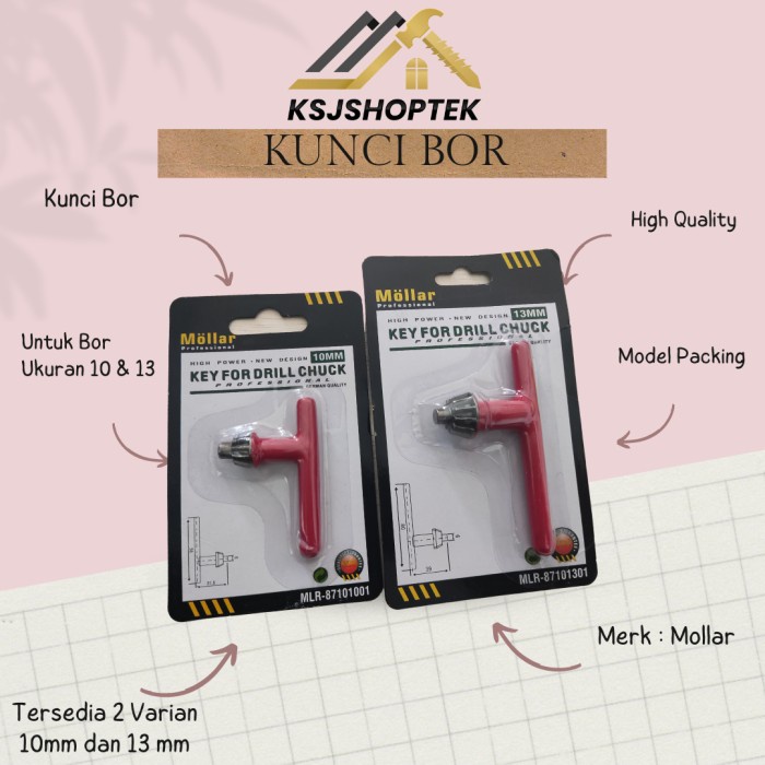 Kunci Kepala Mesin Bor 10 MM dan 13 MM Mollar Blister Drill Chuck Key