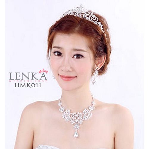 Paket Crown Kalung Anting Crystal l Aksesoris Royal Wedding Lenka - HMK011