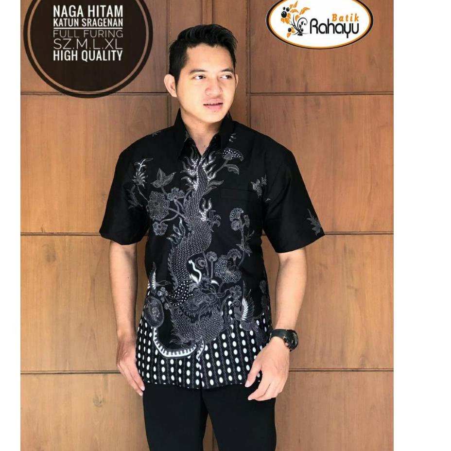 Paling Dicari.. Naga Hitam RAHAYU Kemeja batik pria motif naga abu hitam lengan pendek berfuring kem