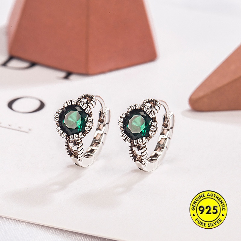 Anting Klip Retro Warna Silver Zaitun Hias Kristal Hijau Untuk Wanita