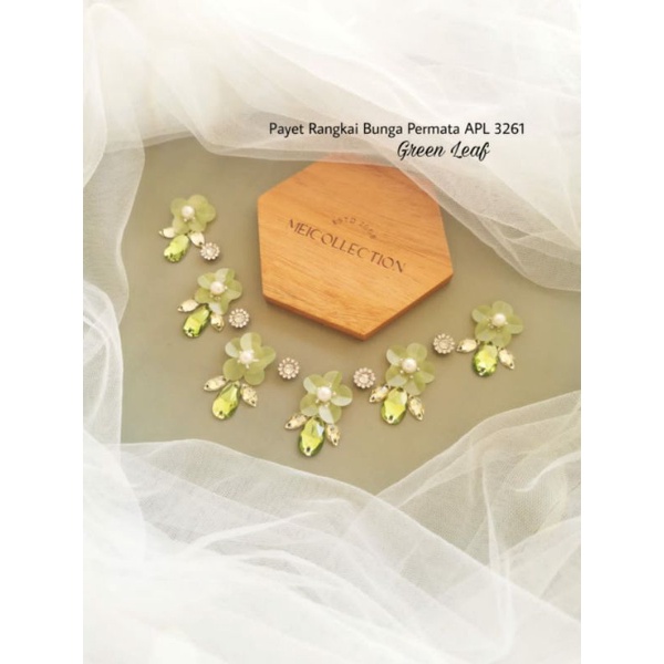 Payet leher permata bunga 3D APL 3261 green leaf dress pesta aplikasi Payet rangkai baju anak mutiar