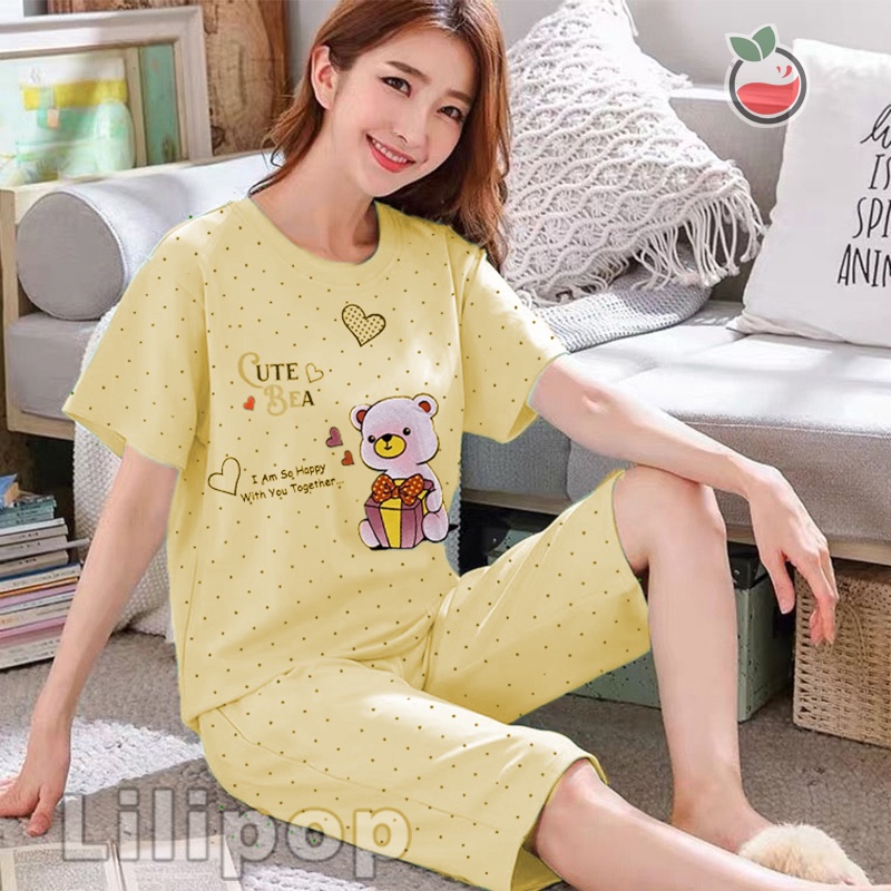 Lilipop.id  Baju Tidur Wanita 3/4 ALL SIZE STANDAR Cute Bear Setelan Piyama BabyDoll Kaos Celana Pendek