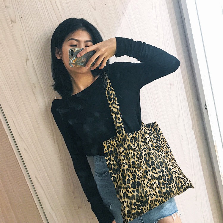 TC-100 tas canvas tote bag bahu leopard print import korea jepang high quality