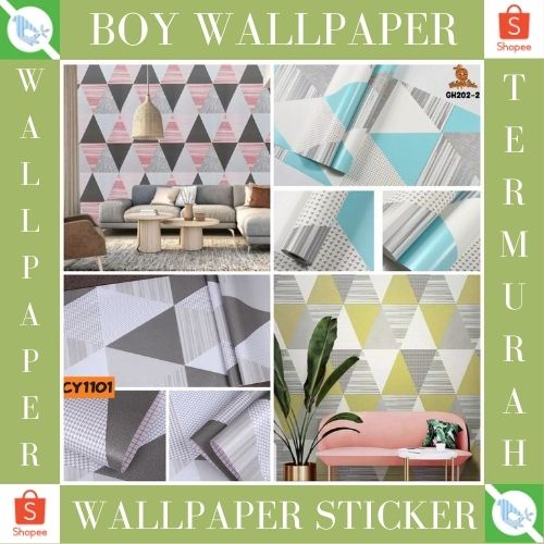 COD TERMURAH - PAKET 3ROLL WALLPAPER STICKER TERMURAH (BUY 2 GET 1 FREE ) PVC PREMIUM QUALITY MOTIF SEGITIGA - BOY WALLPAPER