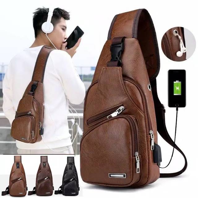 Cuci Gudang Murah  Selempang Kulit Pria Tas Hp / Tas Dada Usb / Tas Import Batam / Sling Bag Usb