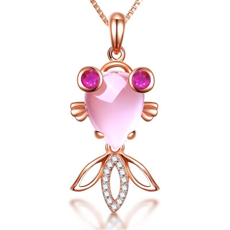 [Ready Stock]Fashion Rose Gold Plated Pink Crystal Small Goldfish Pendant Necklace