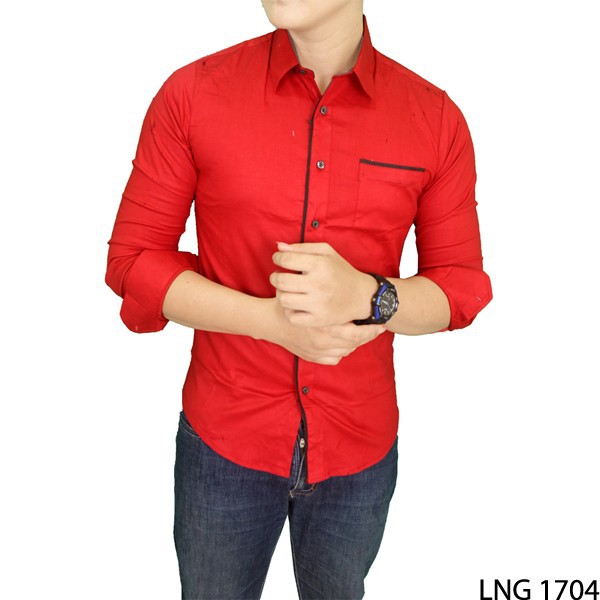 Kemeja Slim Fit Korean Style Katun Stretch Merah – LNG 1704