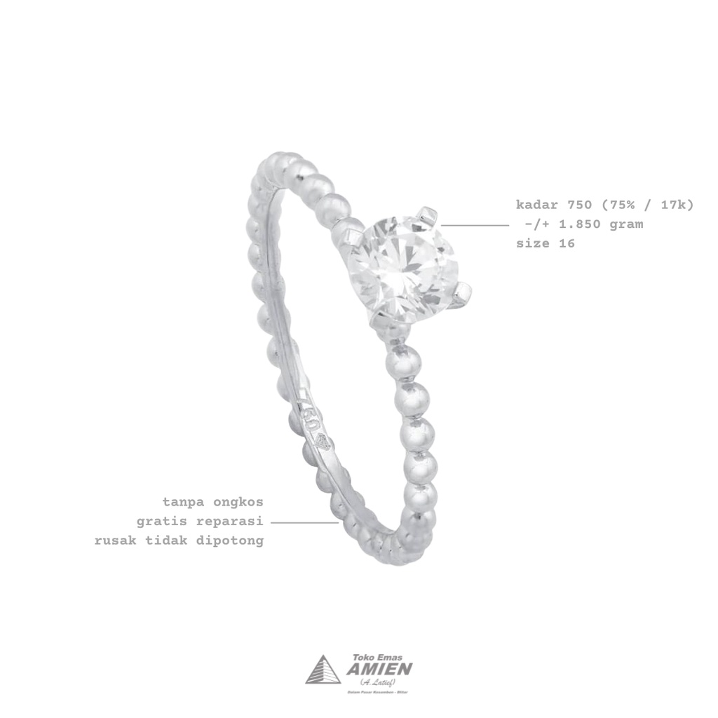 Toko Emas Amien Cincin Emas Putih Asli UBS Kadar 750 (75% / 17K) 1.850 Gram - Solitaire Kiara
