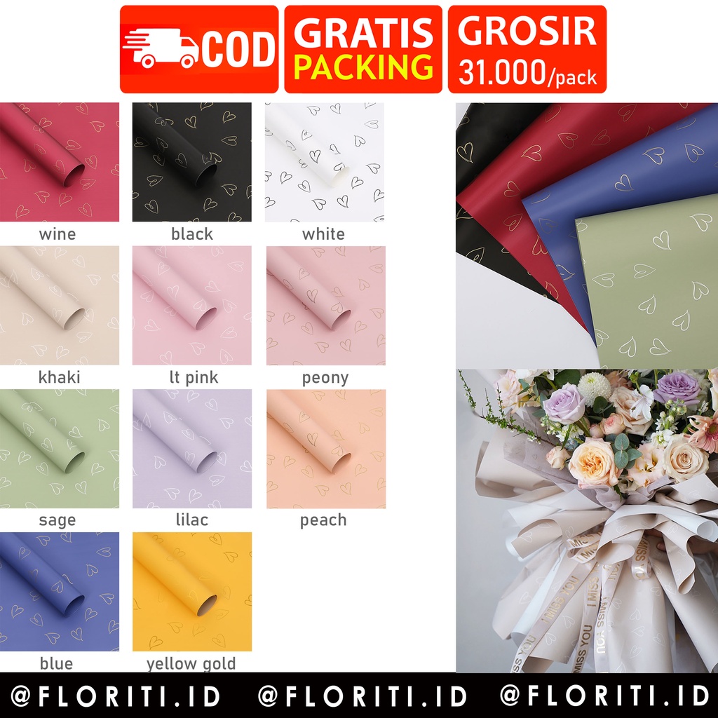 

(20 lembar) kertas buket cellophane solid motif love flower wrapping