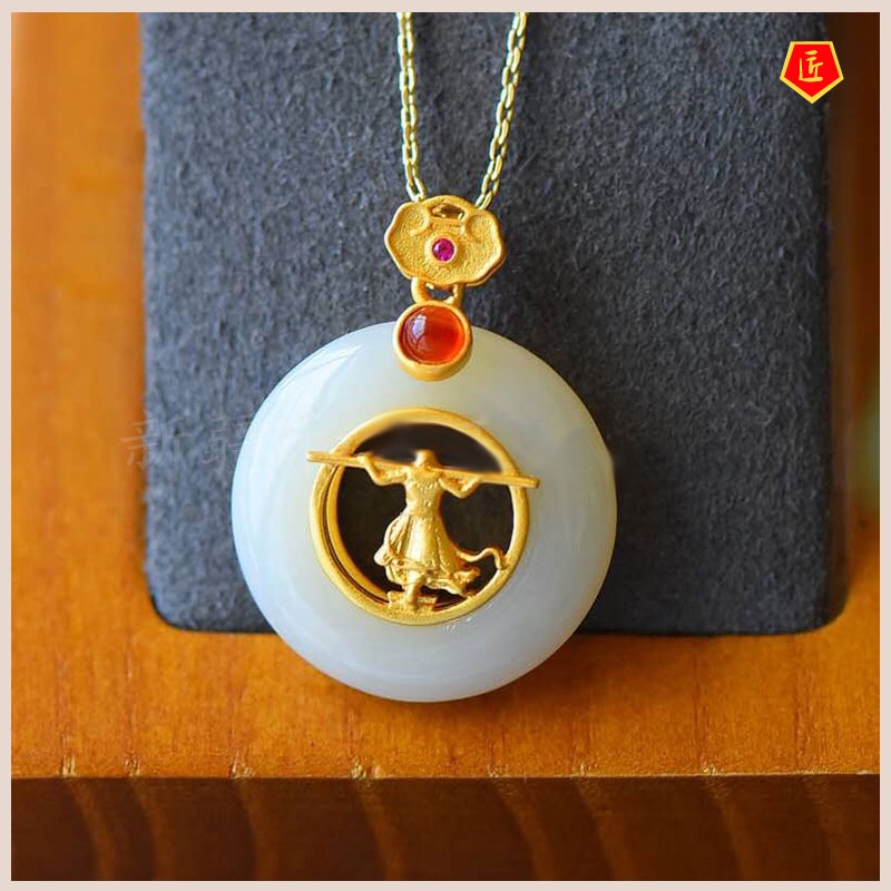 [Ready Stock]Hetian White Jade Golden Hoop Rod Pendant Vintage