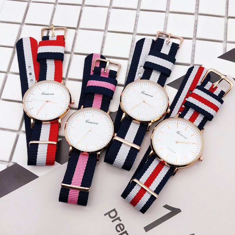 Jam Tangan Geneva Fashion Couple Pria Wanita Model Korea Kanvas Tali Kanvas Berwarna Arloji Shopee Indonesia