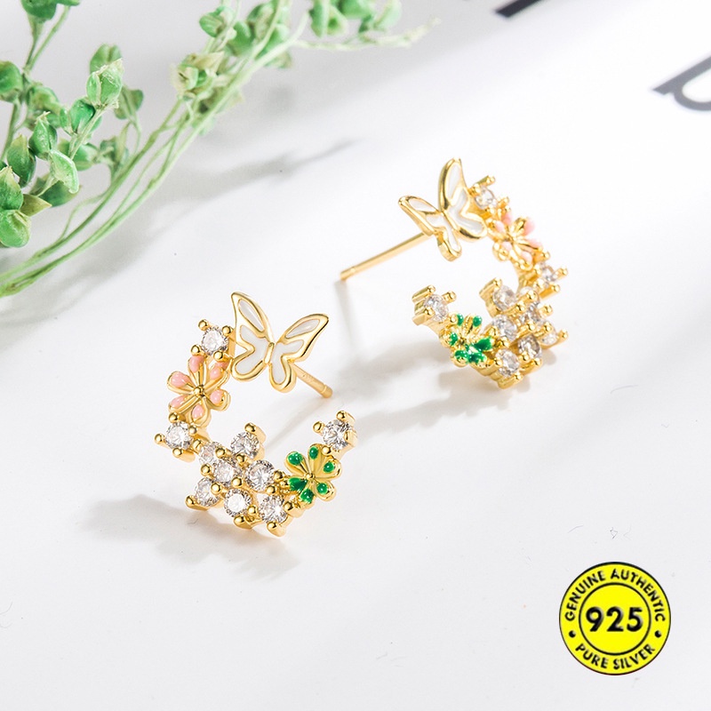 Anting Stud Bentuk Kupu-Kupu Emas 18K Bahan Sterling Silver Untuk Wanita