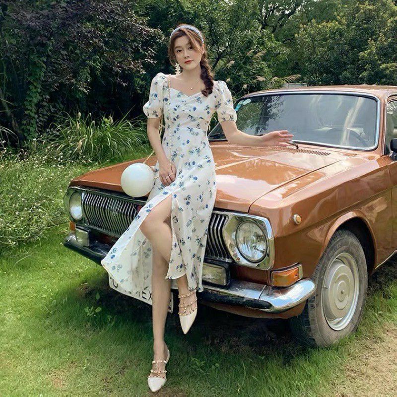 Dress D107- White dress motif flower Square neck lengan puffy / korean dress casual vintage / Gaun w