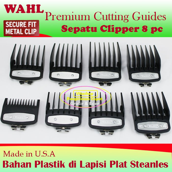 Sepatu Clipper Wahl Premium 8 Pc / Attachment Comb / Sisir Cukur Rambut Plat Besi / Hitam