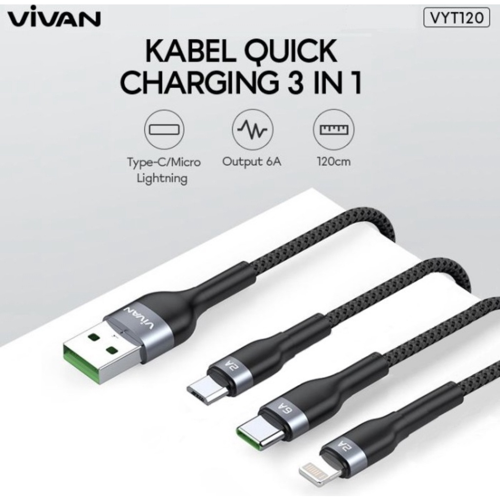 Vivan VYT120 3in1 Fast Charging Kabel Cable Micro USB Type C Lightning iphone ipad