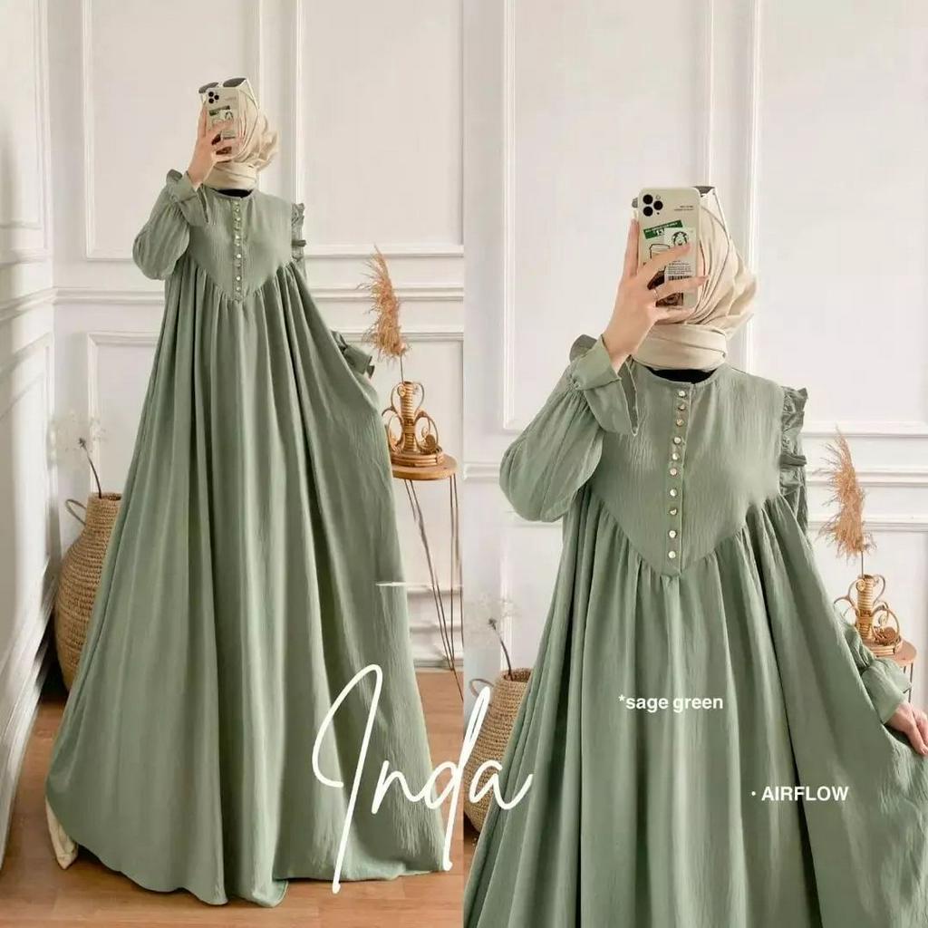 Pakaian wanita Inda Dress Terbaru gamis warna sage / dress sage / Fashion muslim wanita / Busana muslim wanita 5 varian warna / Gamis Trend Sage