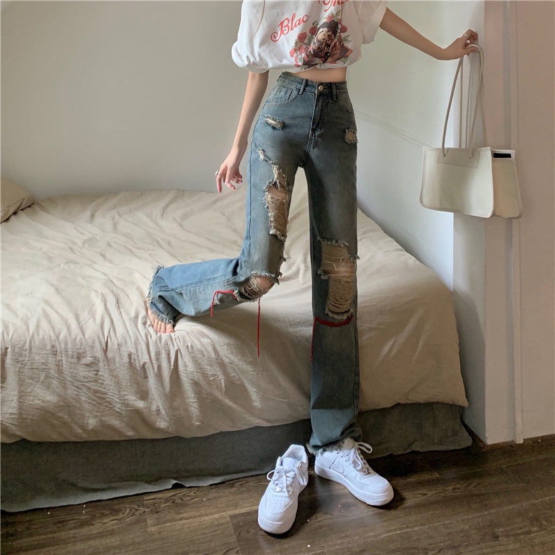 Red wanita new old wash hole hip-hop jeans women s brand high street women s spring and summer loose straight retro pants