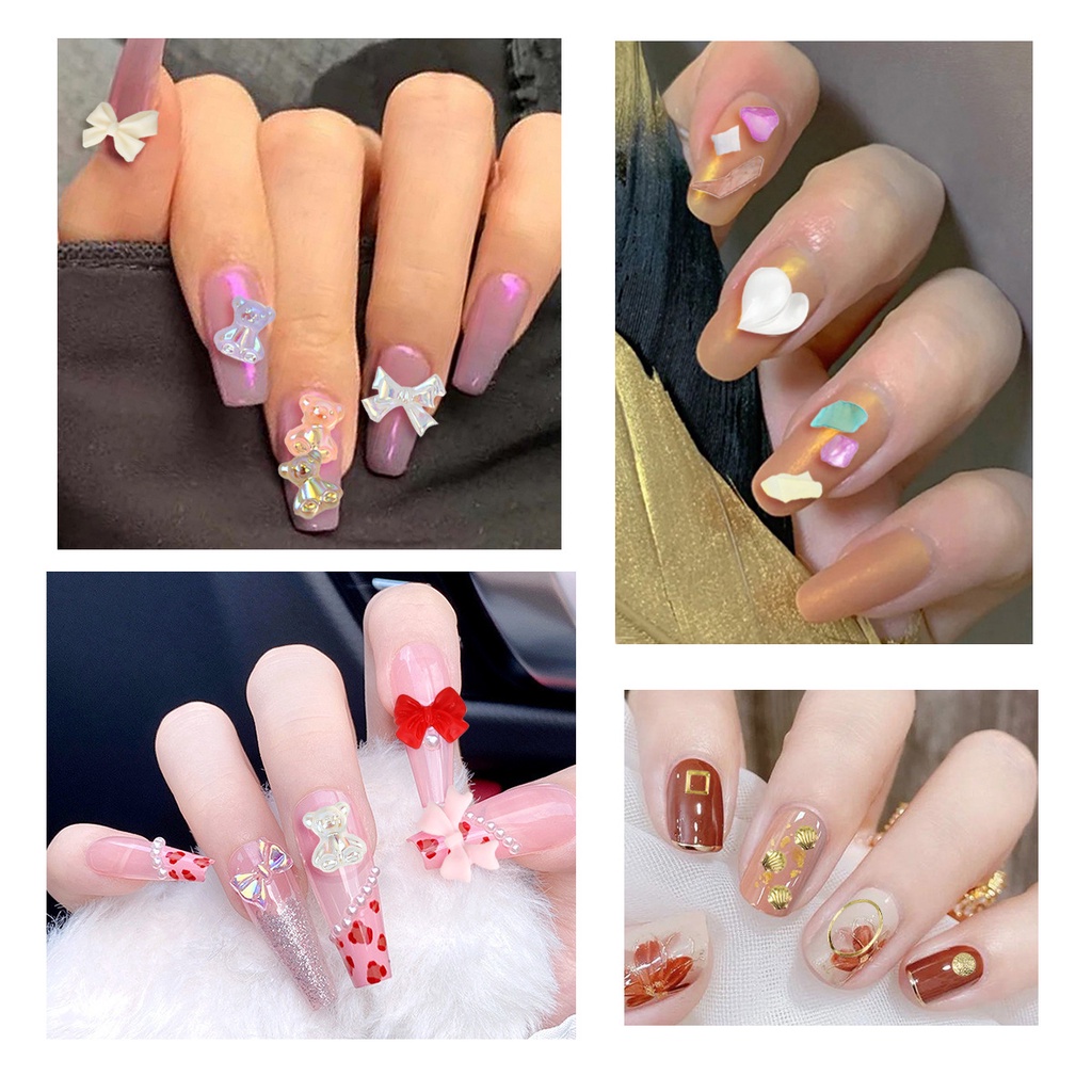 6 Gaya Ornamen 3d Cute Manicure Accessories Cartoon Nail Art Decorations Bentuk Beruang / Pita / Kerang Abalone / Kepingan Salju Untuk Dekorasi Nail Art DIY