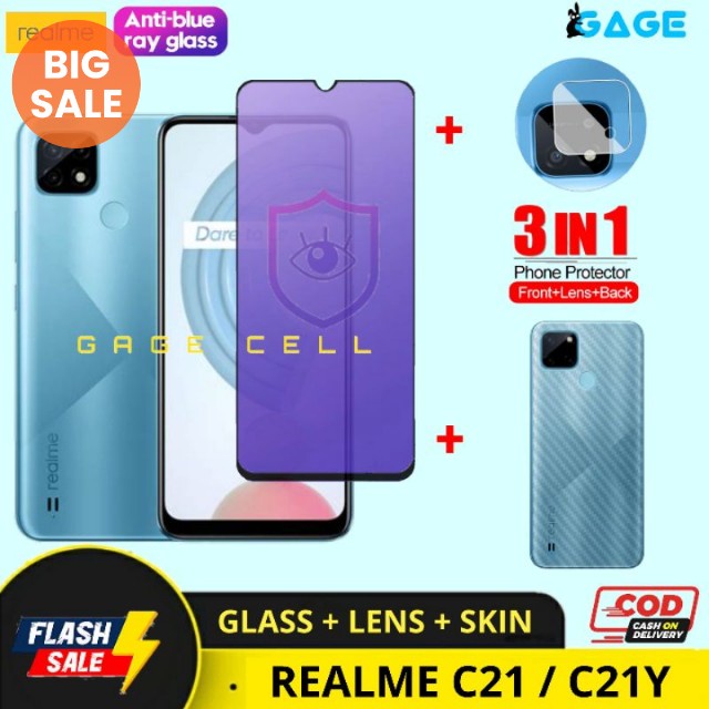 3in1 Tempered Glass Anti Blue Light Full Layar Realme C21 C21Y Tg Anti Gores Radiasi Full Layar