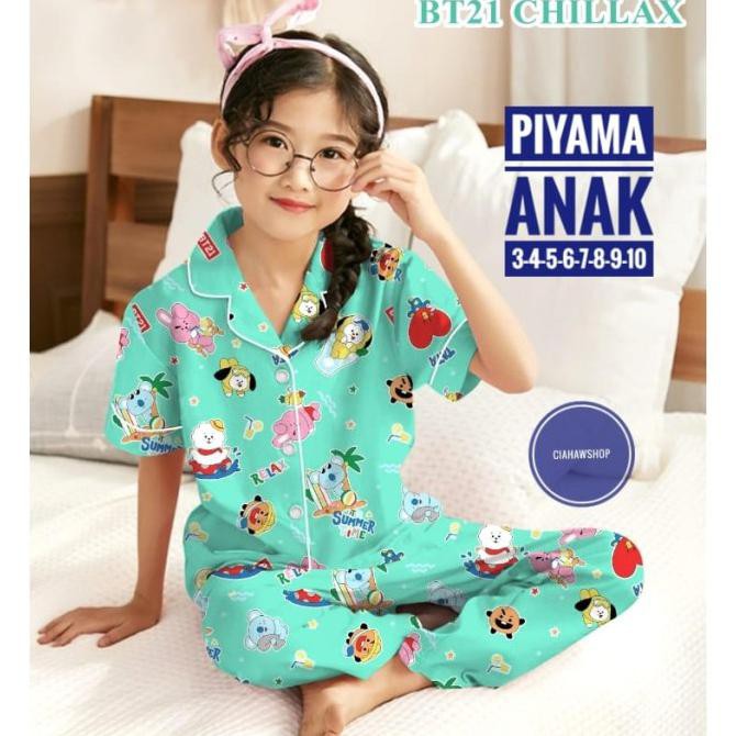 Baju Tidur Piyama Anak Perempuan 3-10 tahun/ Motip Terbaru BTS 21 - BTS tosca, S ( 3-4 tahun)