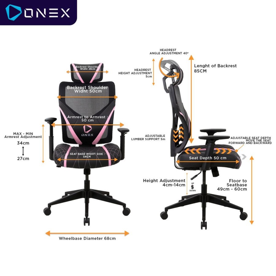 Kursi Gaming ONEX GE300 Premium Quality Mesh Gaming Chair - Pink